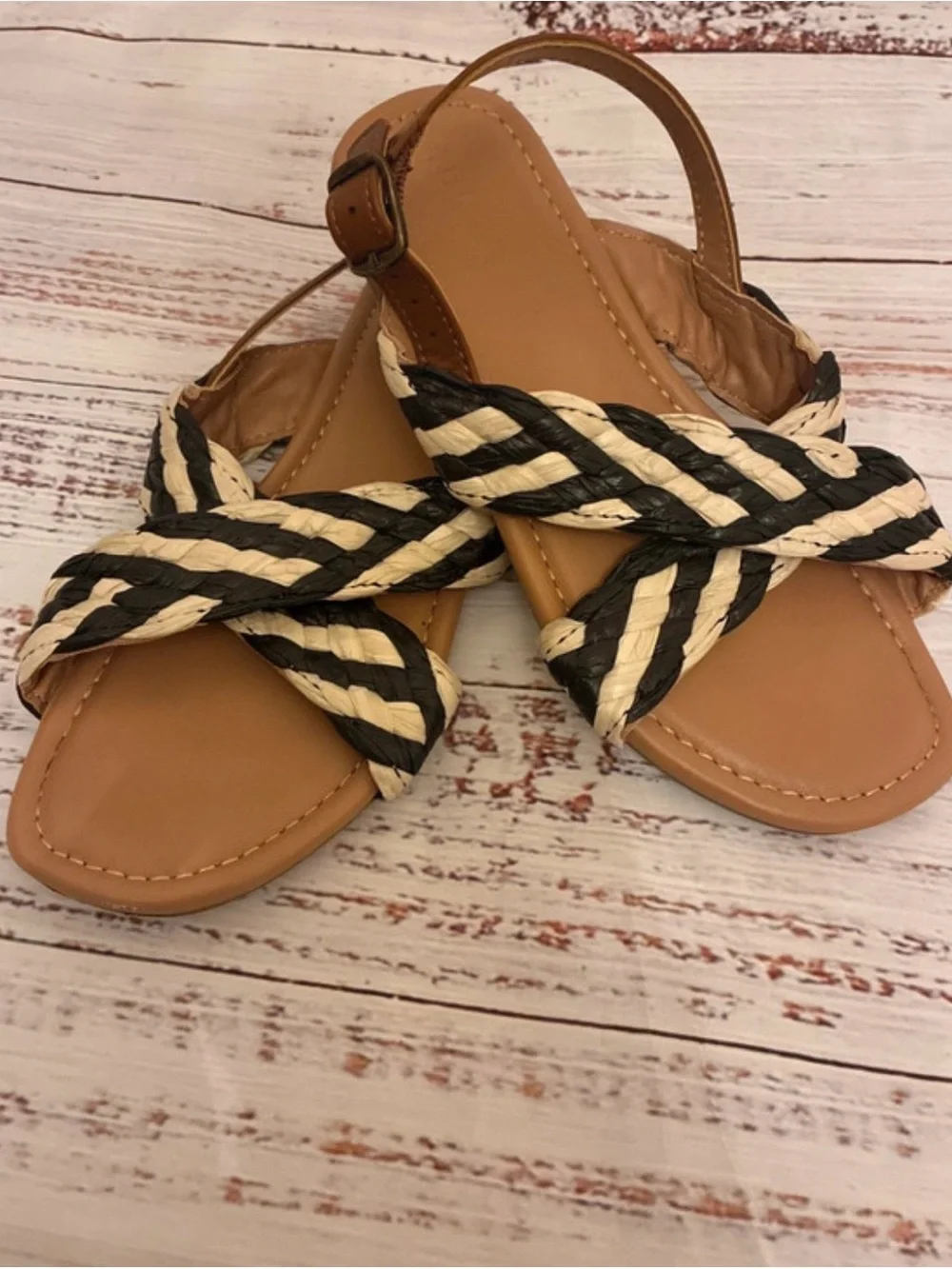 Kids Girl’s Braided Black and Cream Slingback Sandals